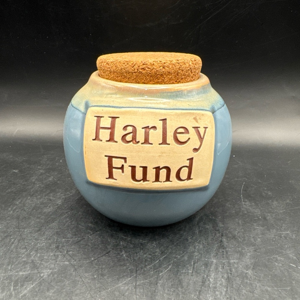 Tumbleweed Pottery “Harley Fund” Biker Ceramic Bank Jar Cork Lid 4.5”